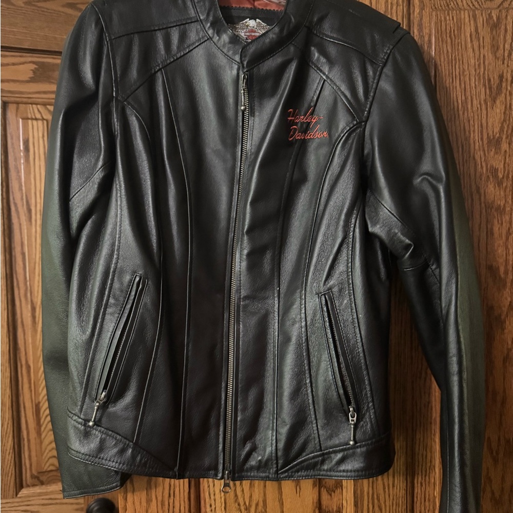 Harley-Davidson Black Leather Jacket with Red Embroidery